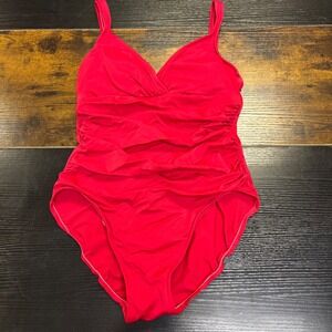 Croft & Borrow‎ Red One Piece Swimsuit V Neck Lined Cups 12 Women's Bathing Suit